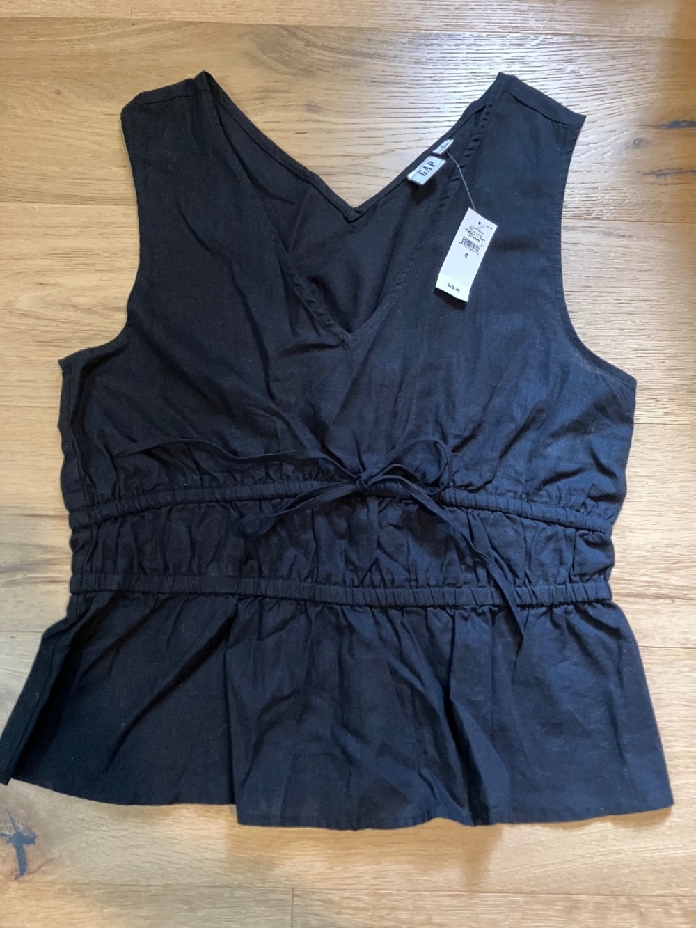 NWT Gap Factory Black Linen-Blend V-Neck Tie Peplum Top - Size Small